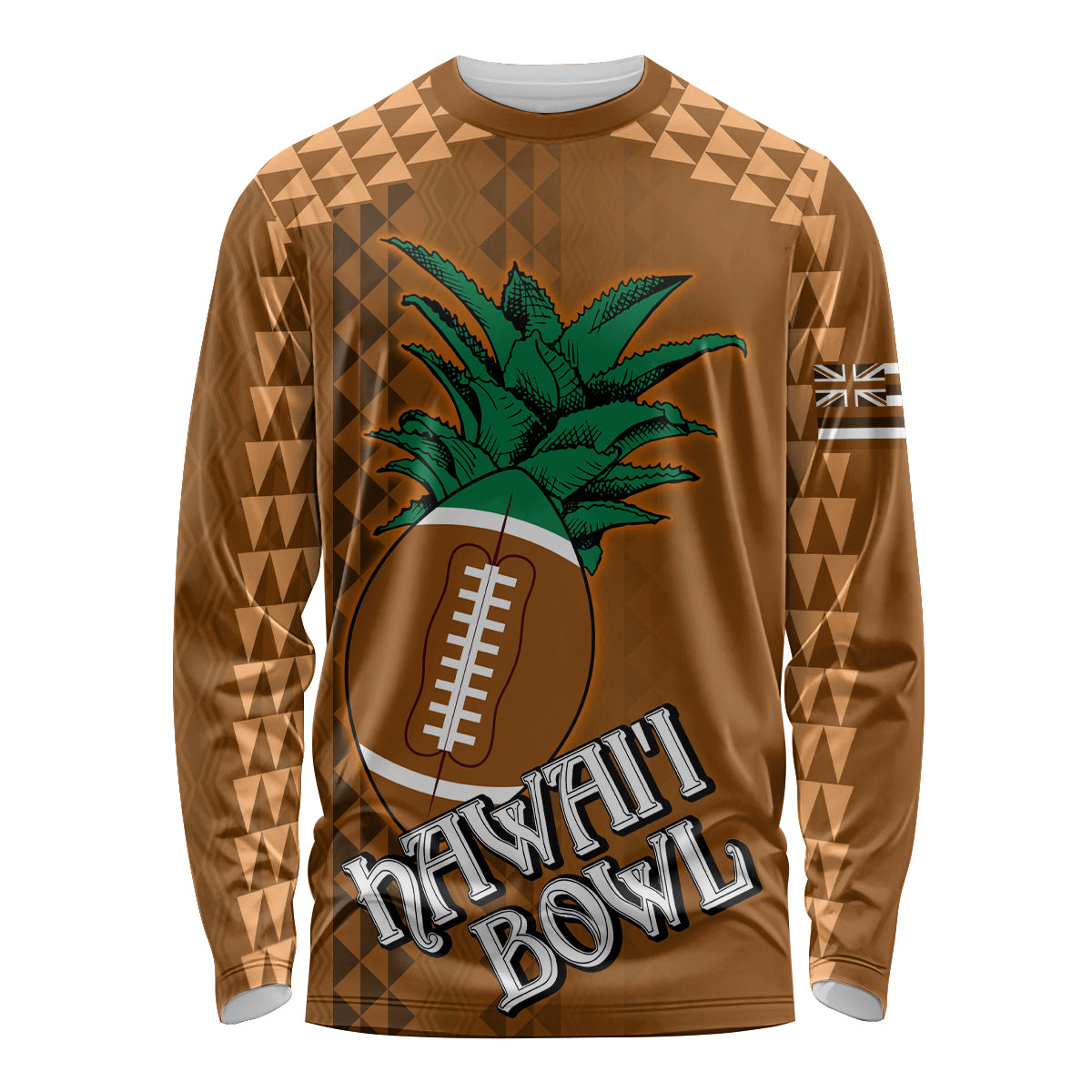 Brown long sleeve shirt, tribal geometric print with palm tree and football; HAWAII BOWL