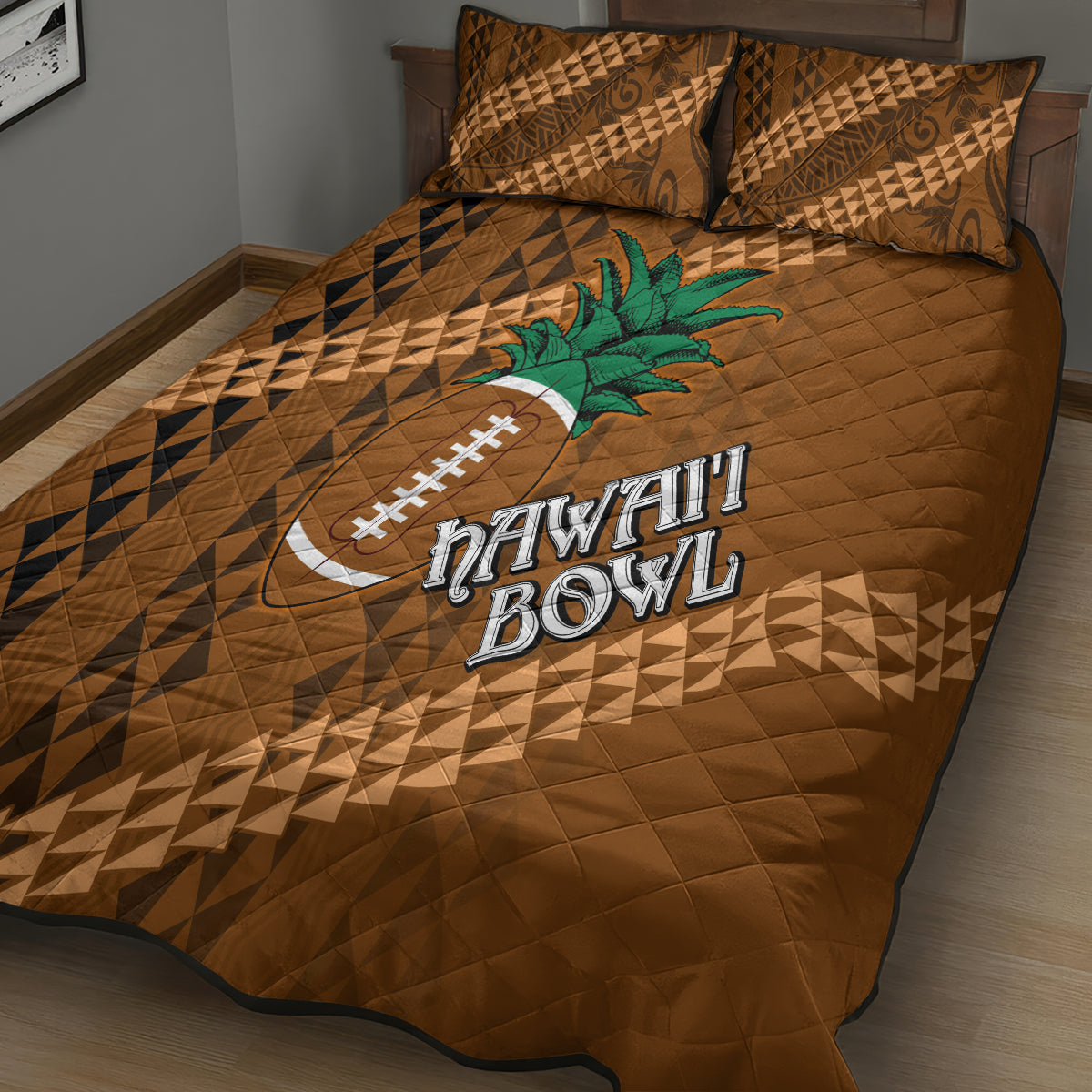 Brown quilt bed set with geometric triangle pattern, palm and football Hawaii Bowl logo