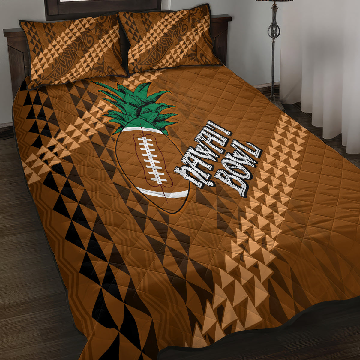Brown quilt bed set with bold geometric tribal triangles, palm tree and football graphic