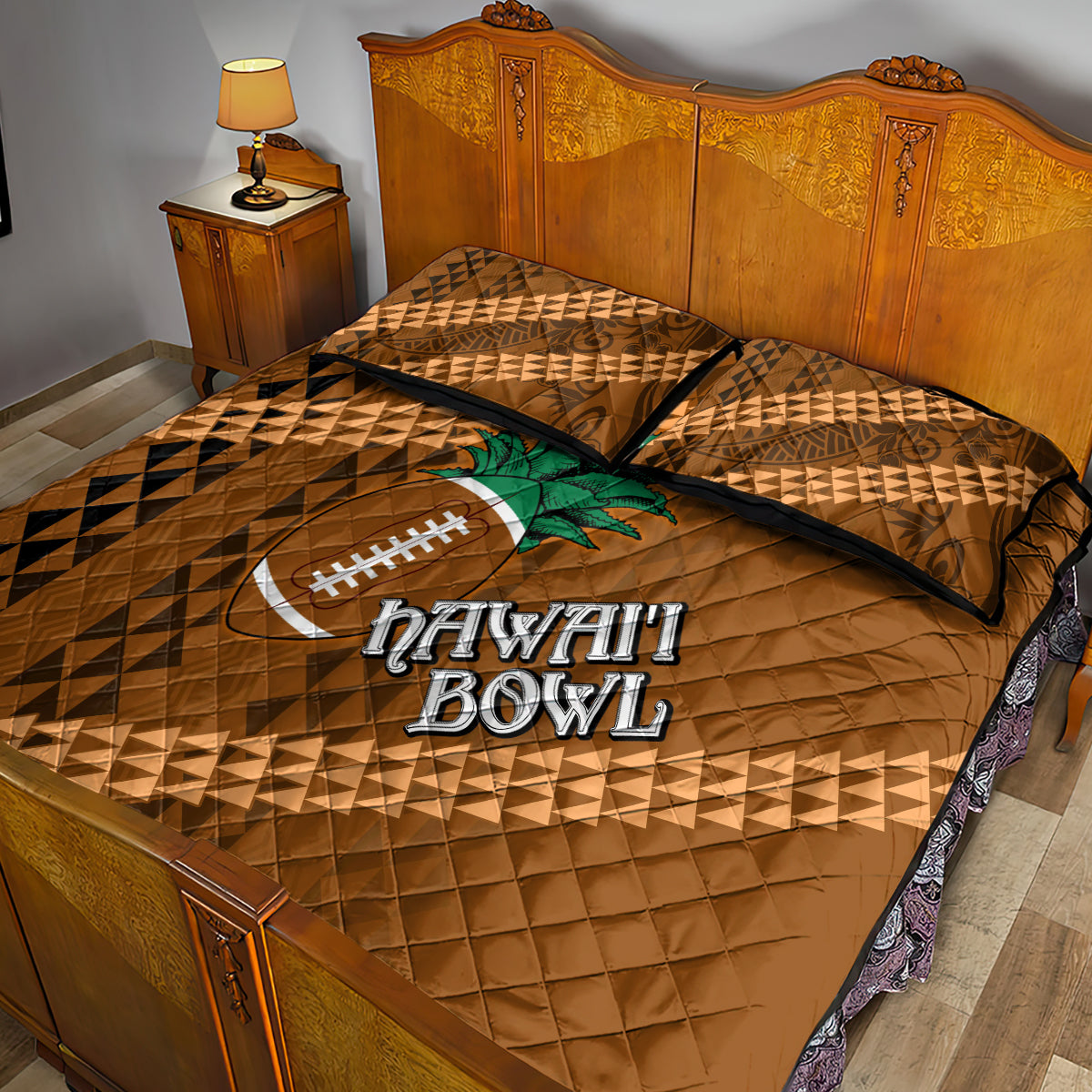 Brown quilt bed set with quilted diamond texture, tribal pattern and Hawaii Bowl logo