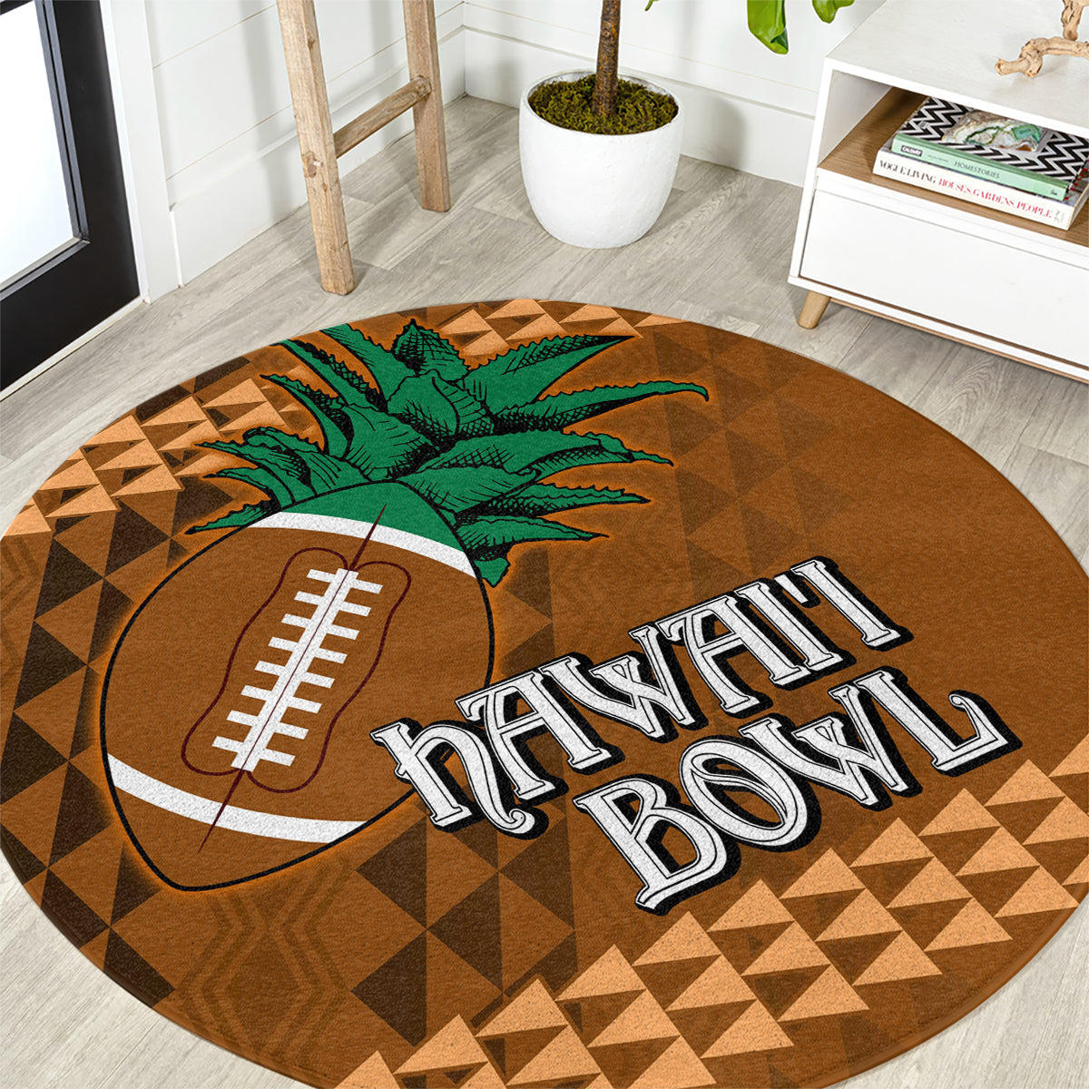 Round brown rug with green palm tree, football emblem, Hawaii text, and tan geometric pattern