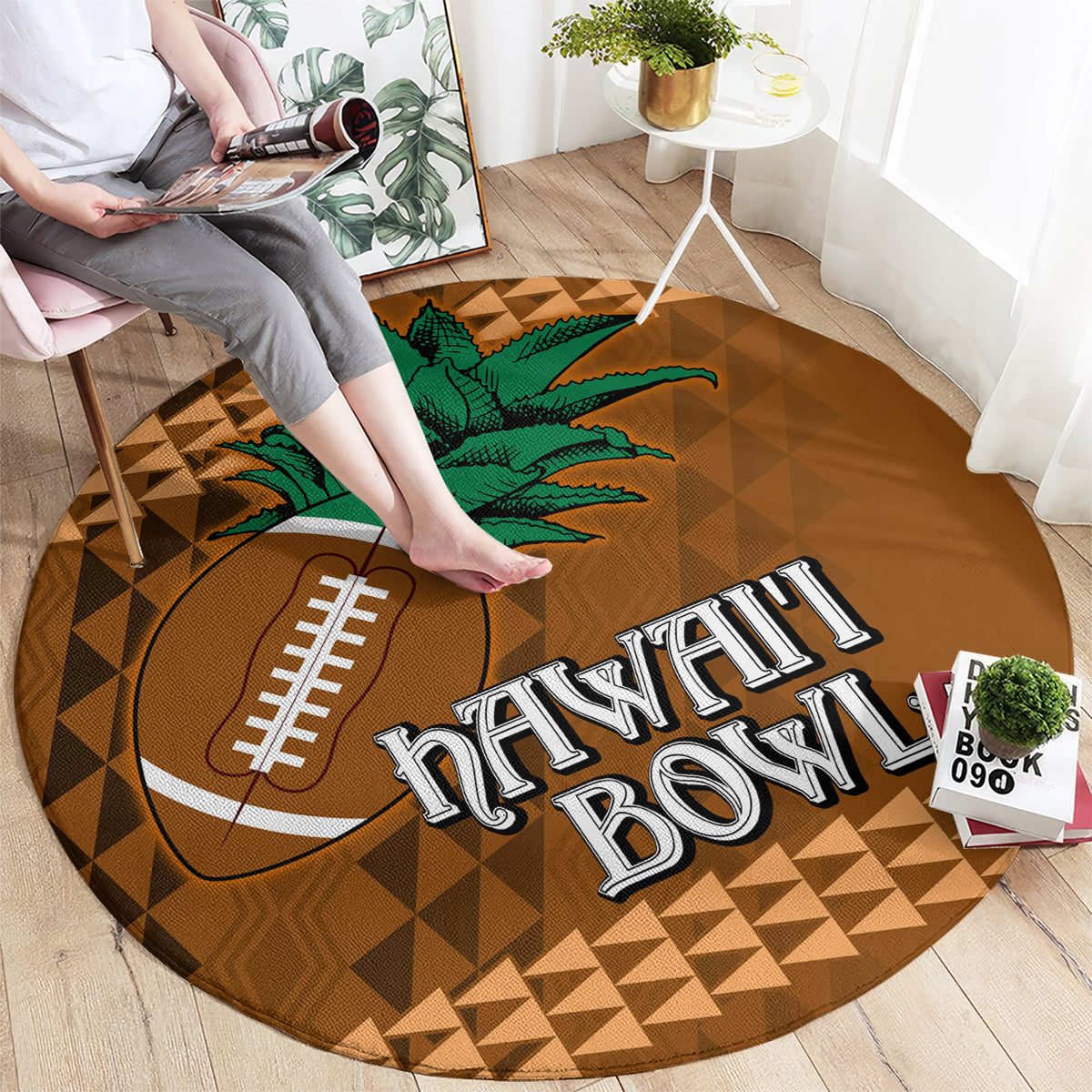 Round brown rug with green palm tree, football logo, Hawaii lettering, and tan triangle pattern