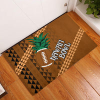 Brown rubber doormat with tribal geometric pattern, palm tree, and Hawaii Bowl logo