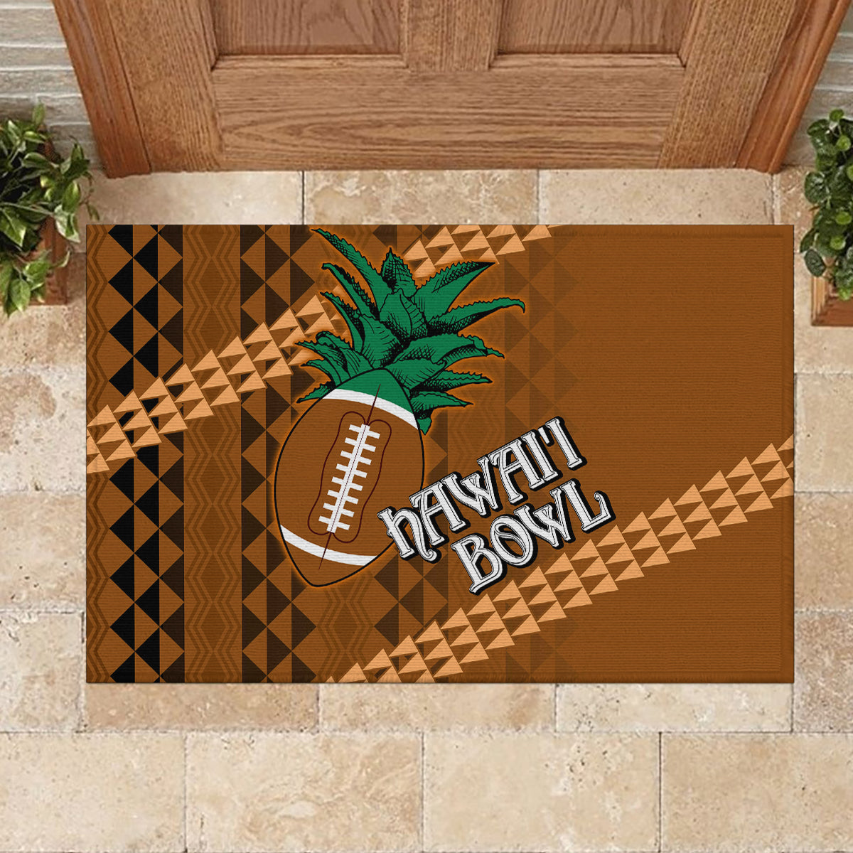 Brown rubber doormat with tribal stripes, palm tree, football icon, and Hawaii Bowl logo