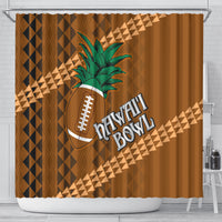 Brown shower curtain with pineapple, football, and "Hawaii Bowl" text in tribal design