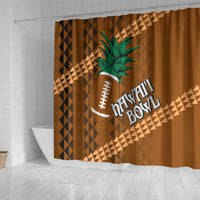 Brown shower curtain featuring pineapple over football with tribal triangles and diagonal stripes