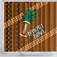Brown shower curtain with pineapple football emblem and "Hawaii Bowl" lettering