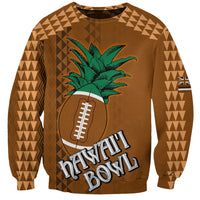 Brown unisex sweatshirt with tribal sleeves, green palm & football graphic, 'Hawai'i Bowl'.