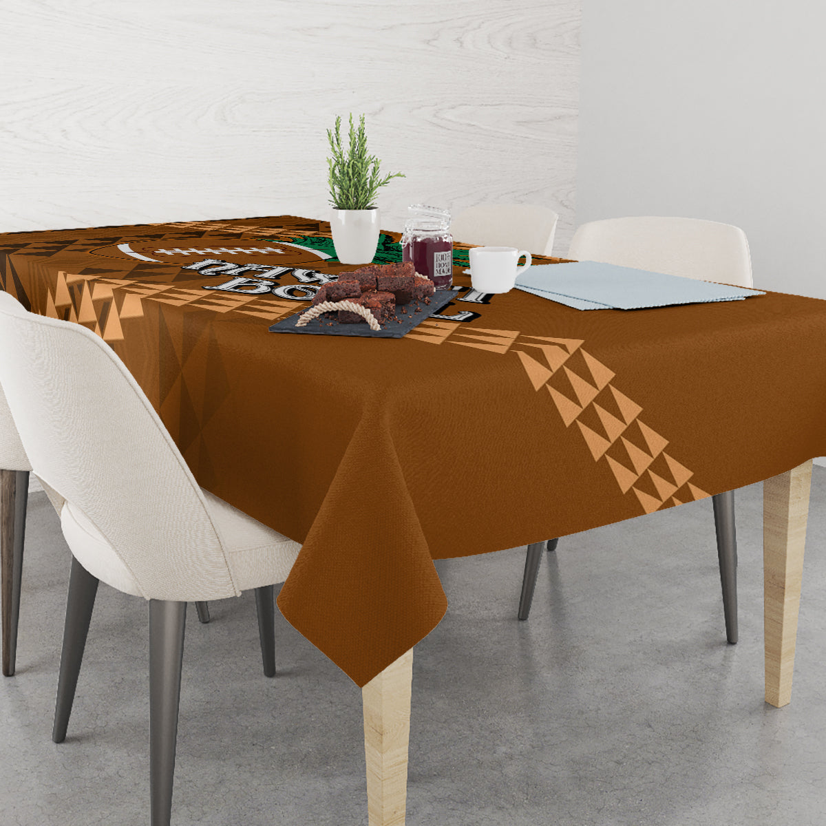 Brown bowl tablecloth with geometric triangle border and central decorative text