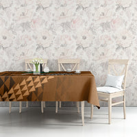 Brown bowl tablecloth with tan triangle geometric pattern on dining table
