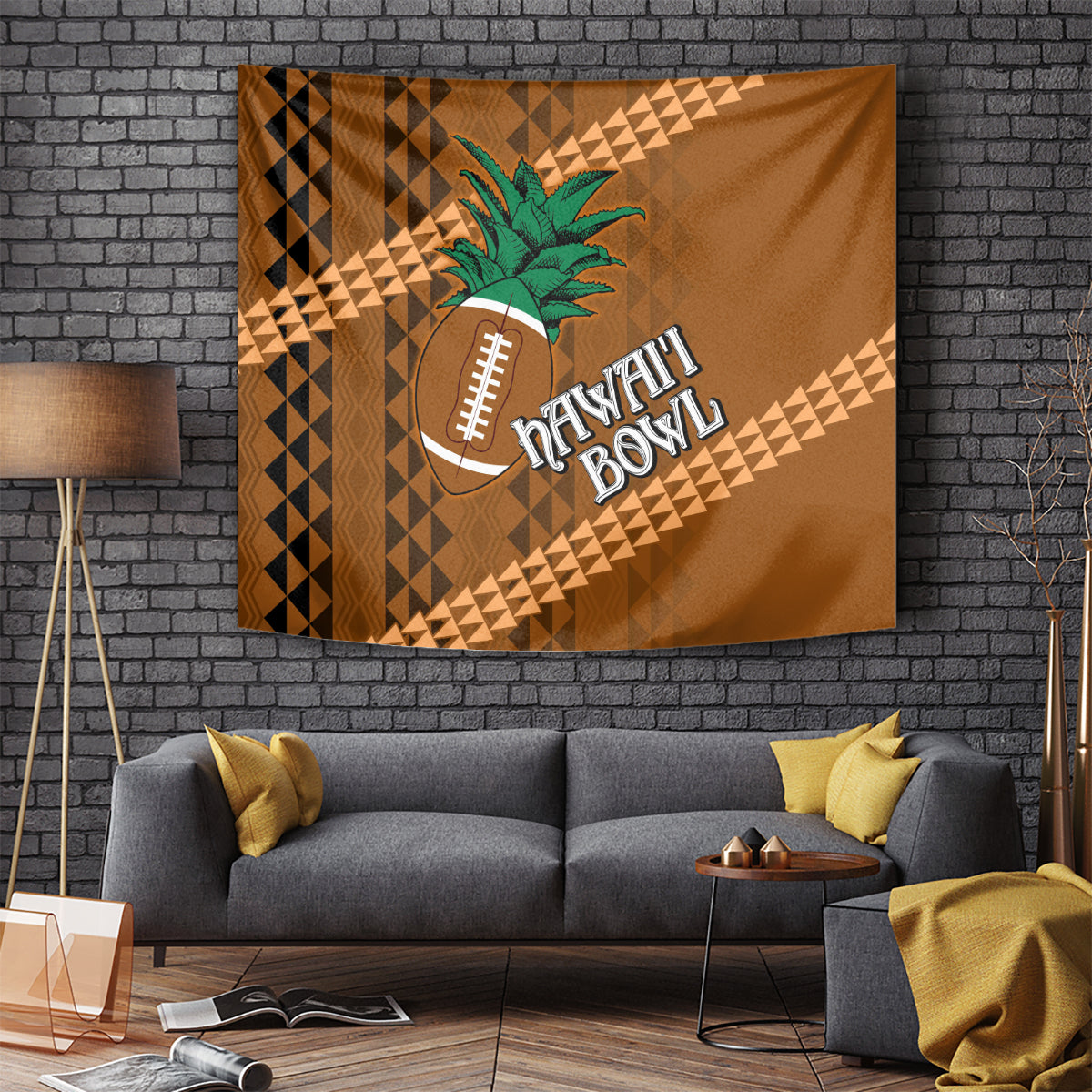 Brown bowl tapestry with tribal diamond pattern, palm leaves and football emblem