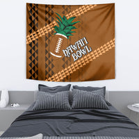 Brown Hawaii bowl tapestry with palm leaves, football icon, tribal geometric border
