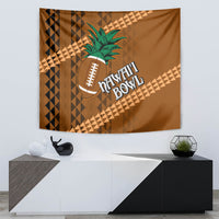 Brown bowl tapestry with palm leaves, football emblem, and tribal geometric striping