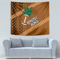 Brown bowl tapestry with diagonal tribal shapes, palm leaves and football emblem