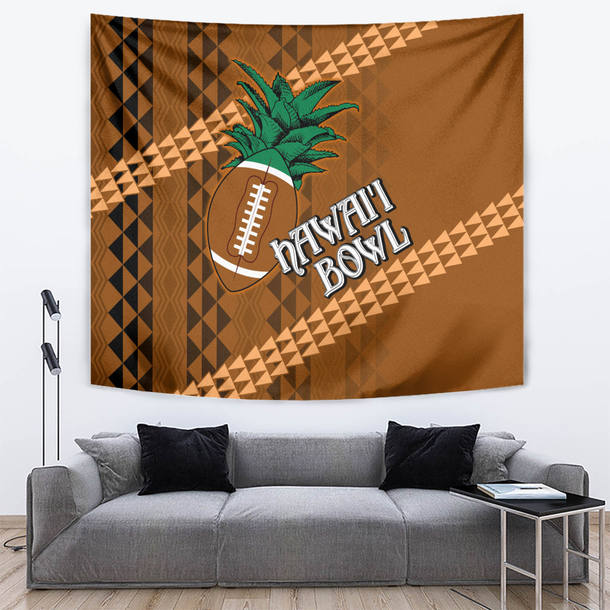 Brown tapestry with tribal diamond panel, palm tree motif and football emblem