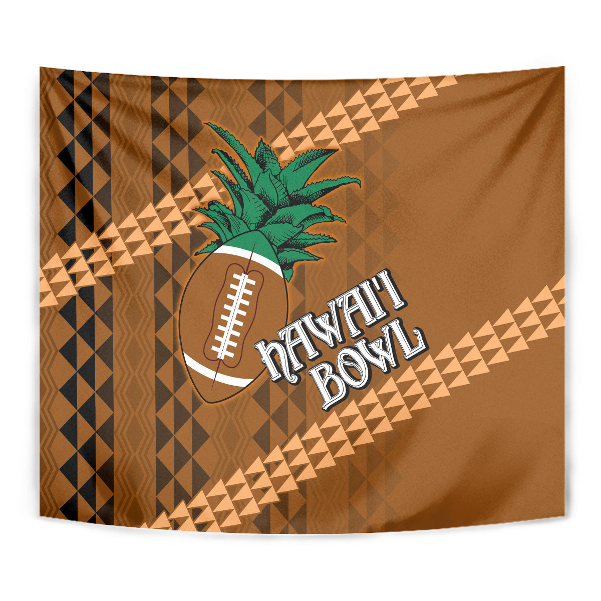 Brown bowl tapestry close-up with palm leaves, football icon, and tribal stripe pattern