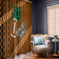 Brown tribal window curtains with football and palm tree artwork, hung side by side