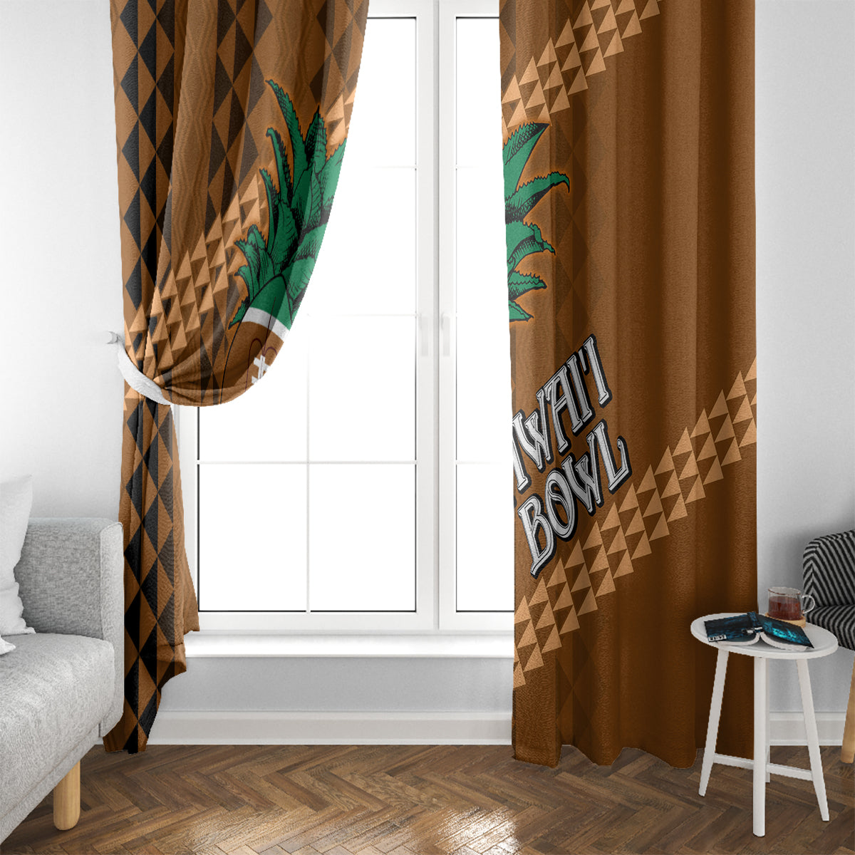Brown window curtain set with football and palm tree print, hung at a doorway