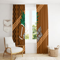 Brown tribal window curtains with football emblem and palm tree details, hanging