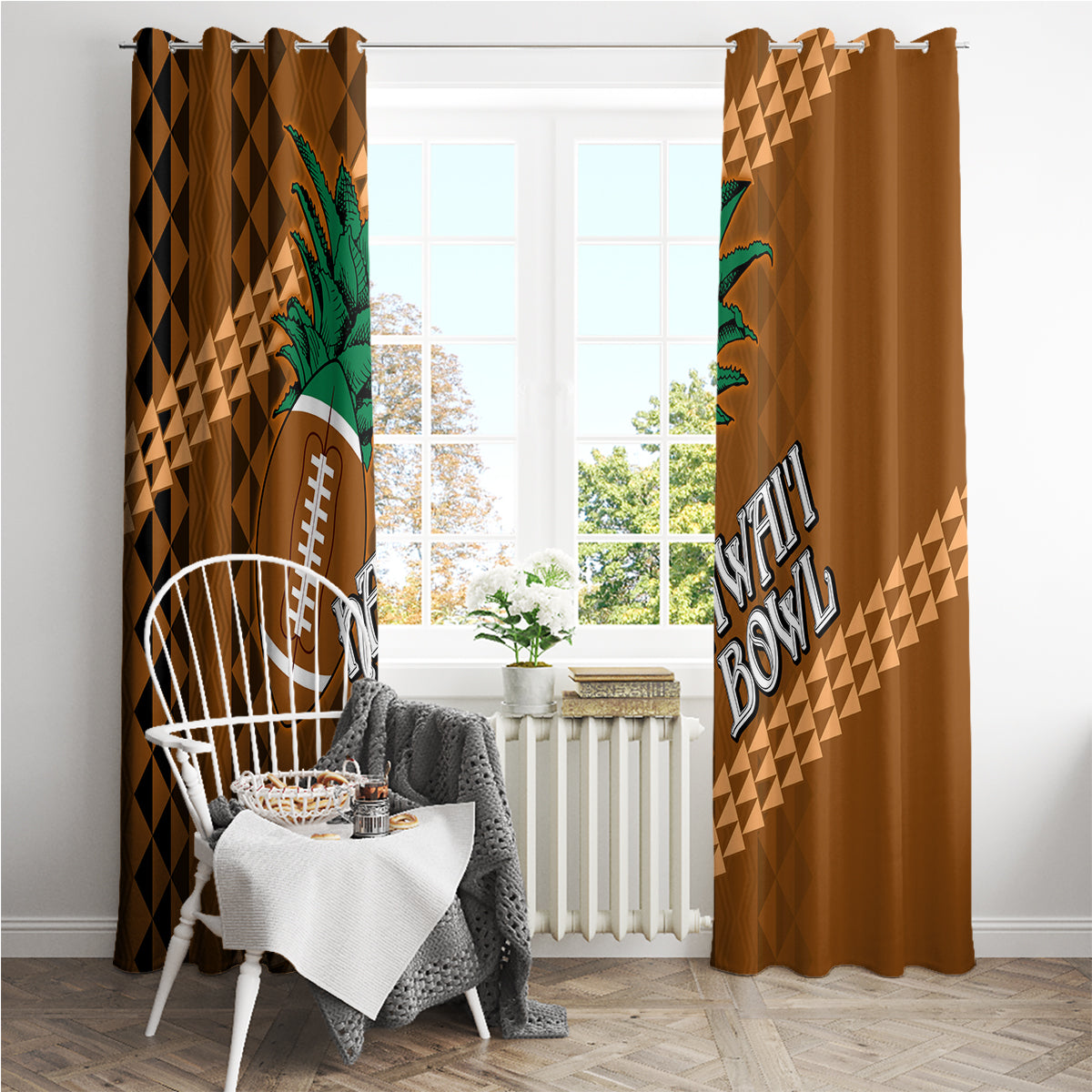 Brown window curtain set with football and palm tree graphic, gathered at top