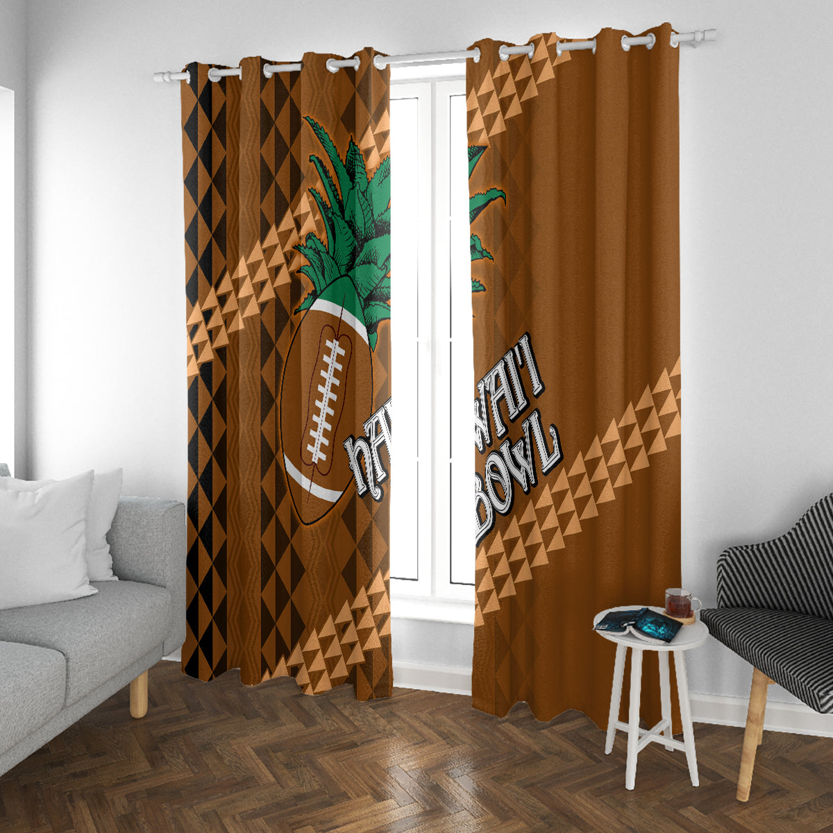 Brown window curtains with tribal football and palm tree print, side view with sofa