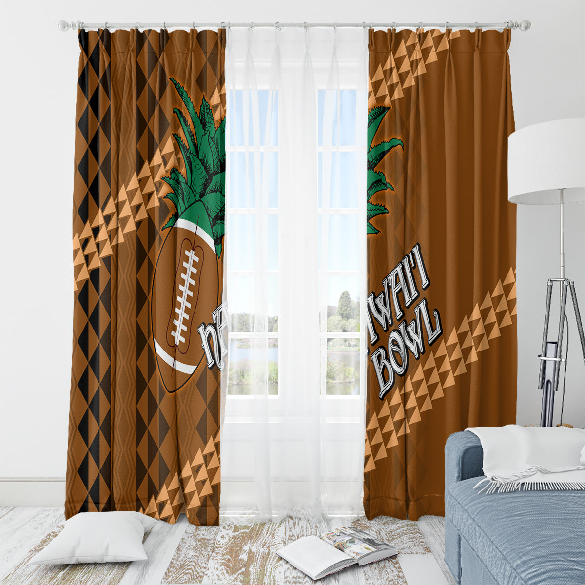 Brown tribal window curtains with football emblem and palm tree, two-panel set