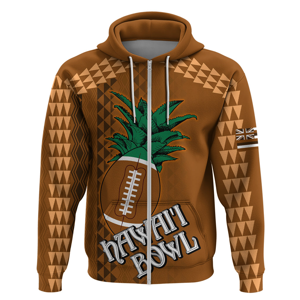 Brown zip hoodie with tribal triangle pattern, palm tree, football graphic on front.