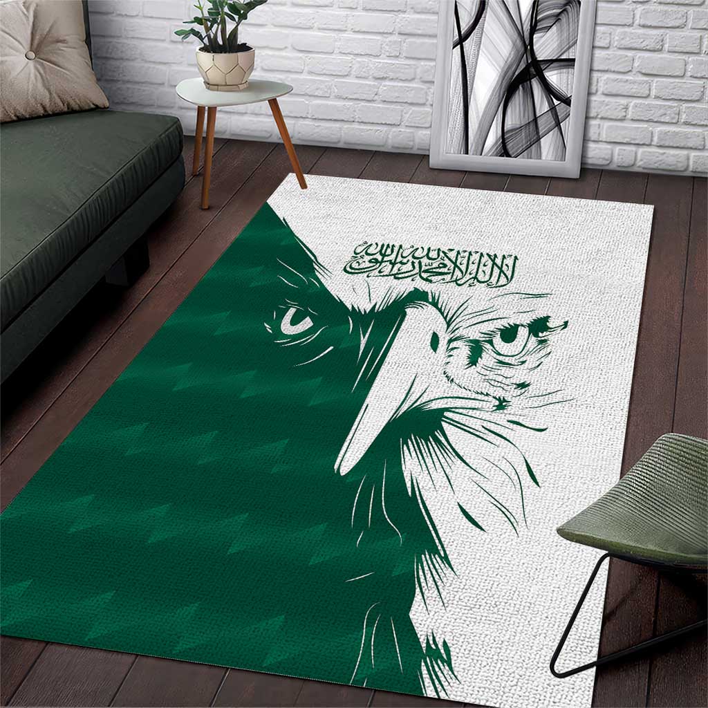 Green and white area rug with white falcon face graphic and Arabic-style calligraphy
