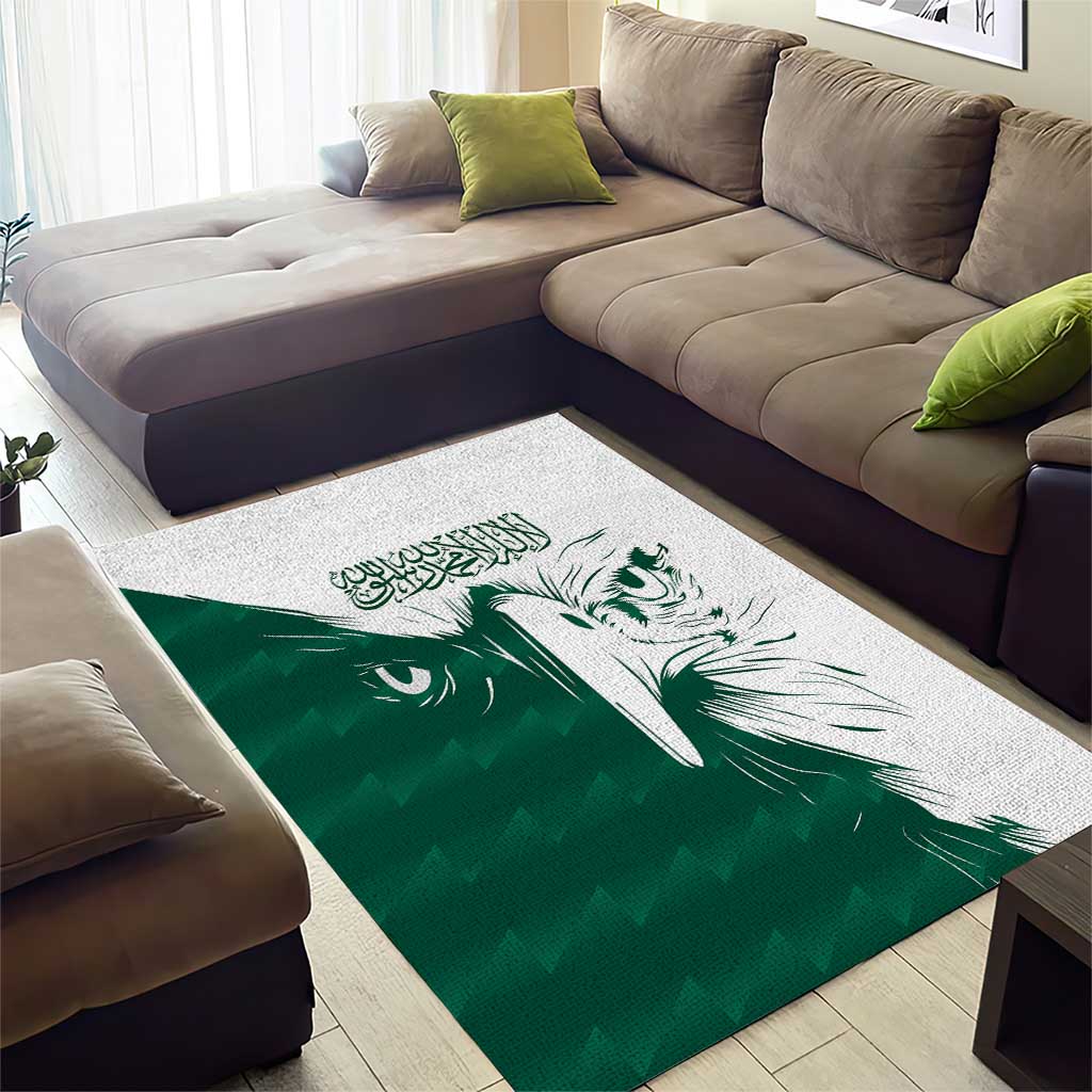 Green and white area rug featuring large white falcon face graphic in center