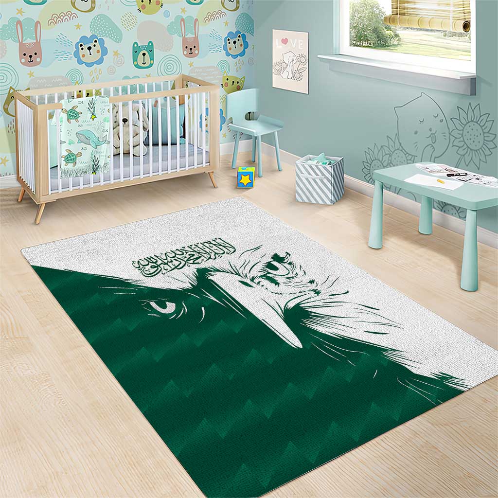 Green and white area rug with large white falcon graphic and decorative script