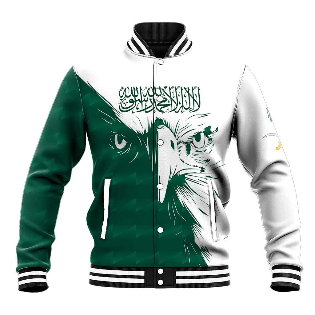Green and white baseball jacket with falcon graphic, ribbed collar and snap front.