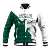 Green and white baseball jacket with falcon graphic, ribbed collar and snap front.