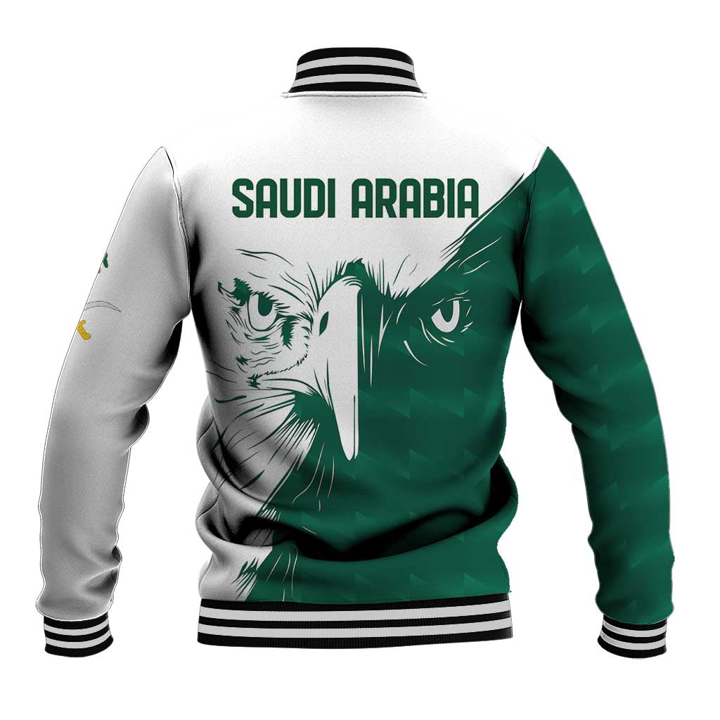 Green and white unisex baseball jacket with 'Saudi Arabia' falcon print, ribbed cuffs.
