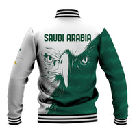 Green and white unisex baseball jacket with 'Saudi Arabia' falcon print, ribbed cuffs.