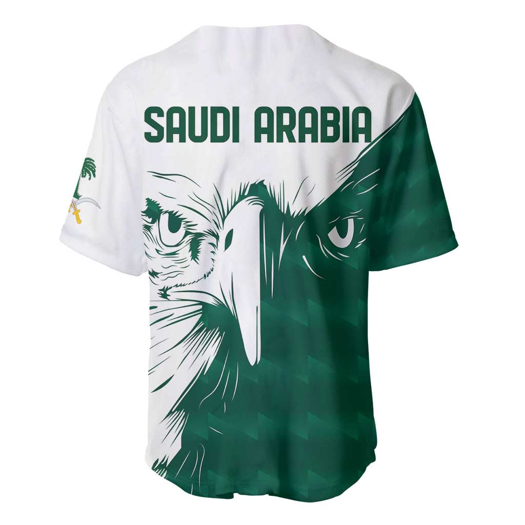 Green and white falcon baseball jersey back, 'SAUDI ARABIA' text, V-neck button style