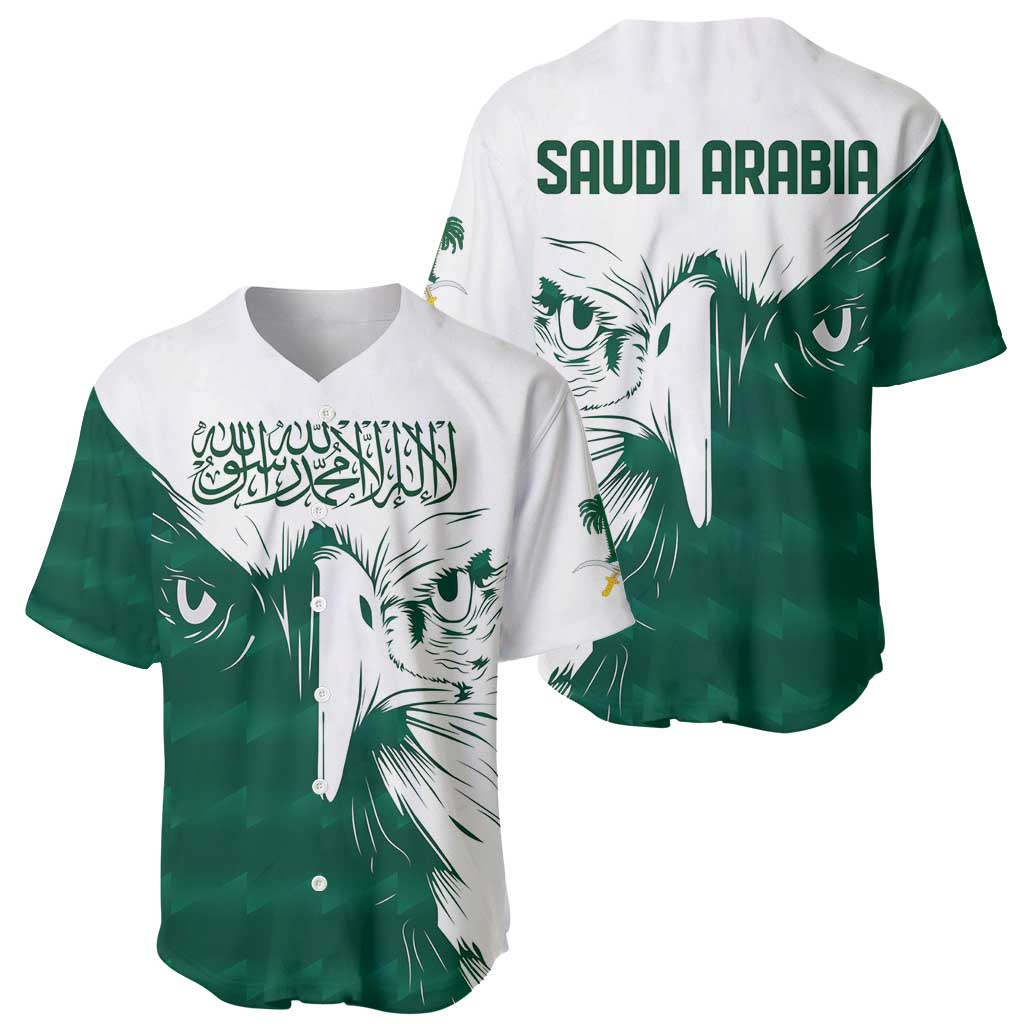 Two green and white falcon baseball jerseys, front Arabic script, back 'SAUDI ARABIA'