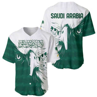 Two green and white falcon baseball jerseys, front Arabic script, back 'SAUDI ARABIA'