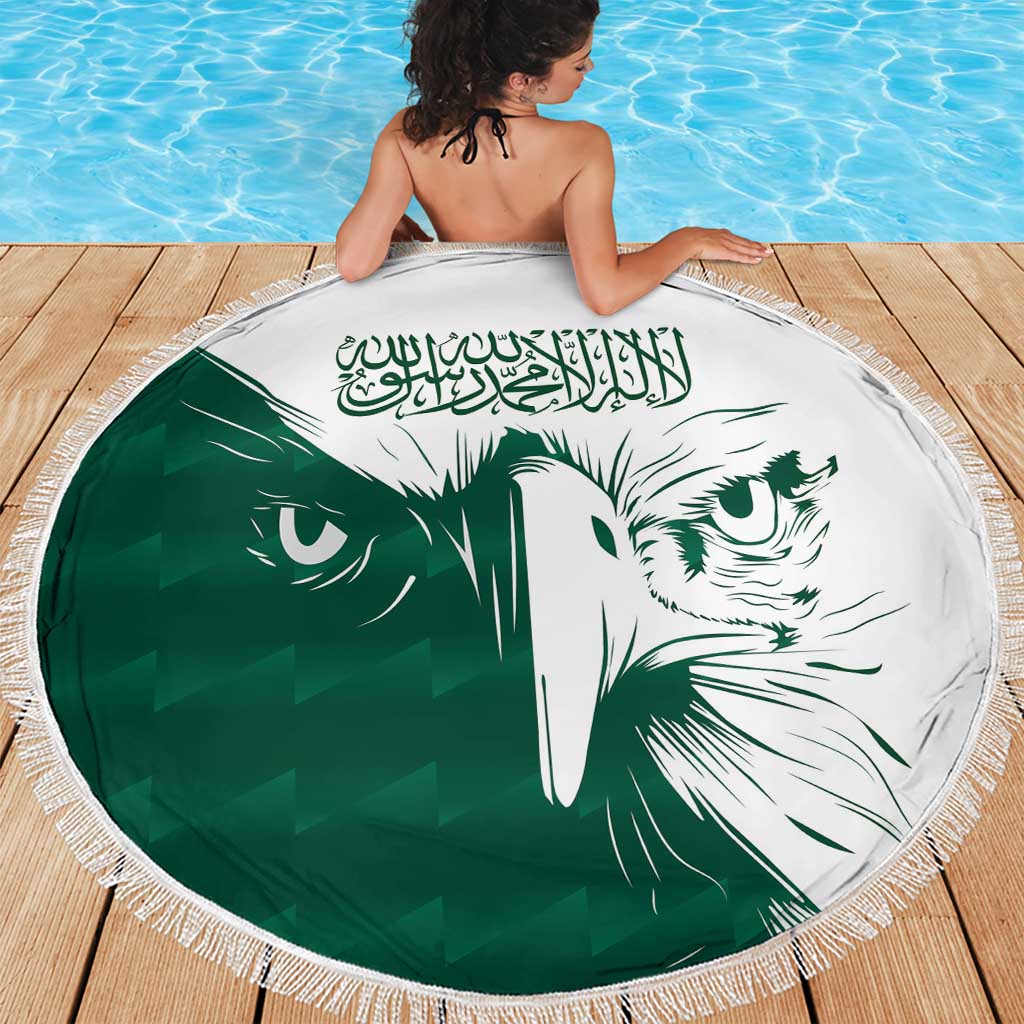 Round beach blanket, green-and-white Saudi falcon print with tassel fringe edge