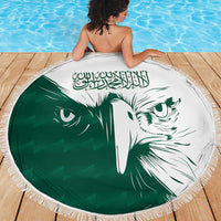Round beach blanket, green-and-white Saudi falcon print with tassel fringe edge