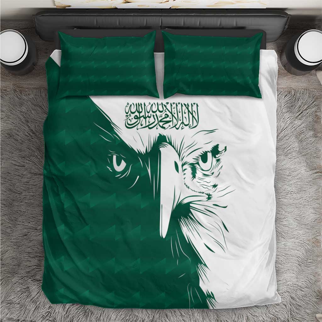 Green and white duvet cover set with falcon face print and two matching green pillows