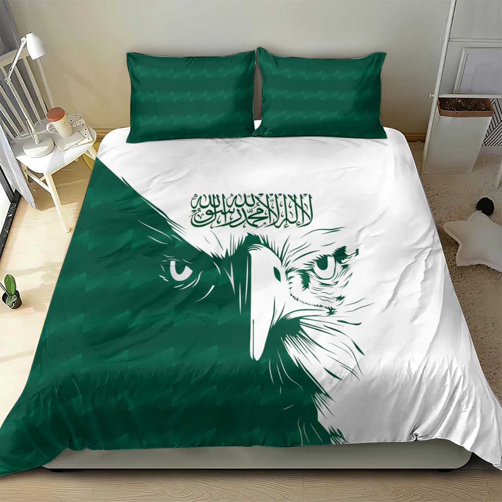Green and white duvet set with falcon face print and two matching green pillow shams