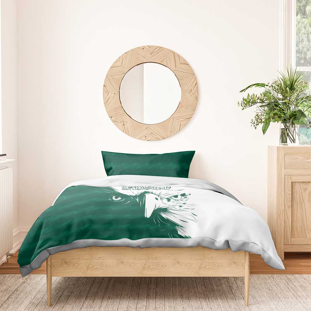 Green and white duvet cover set with falcon face print and Arabic calligraphy, two green pillows