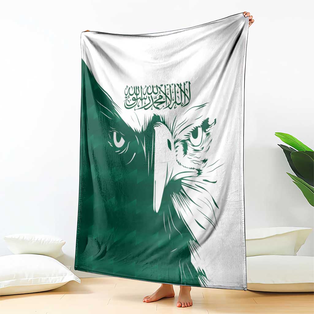 Green and white falcon pattern blanket hanging with detailed falcon face graphic