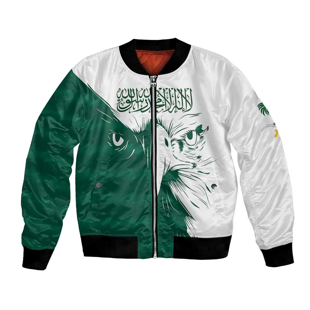 Unisex bomber jacket with green and white panels, front zipper, falcon graphic