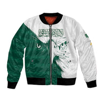 Unisex bomber jacket with green and white panels, front zipper, falcon graphic