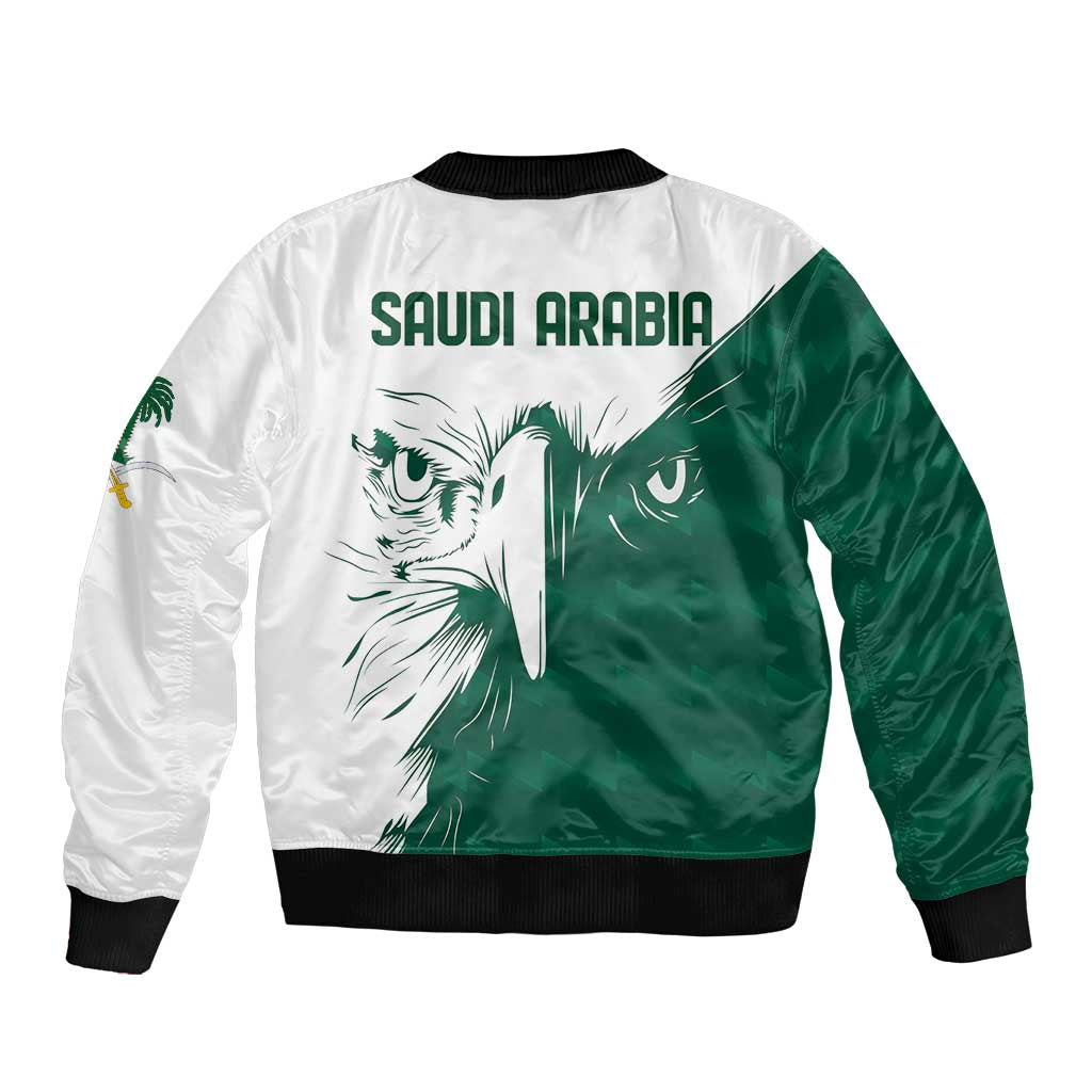 Unisex bomber jacket, back shows green/white falcon and 'SAUDI ARABIA' text