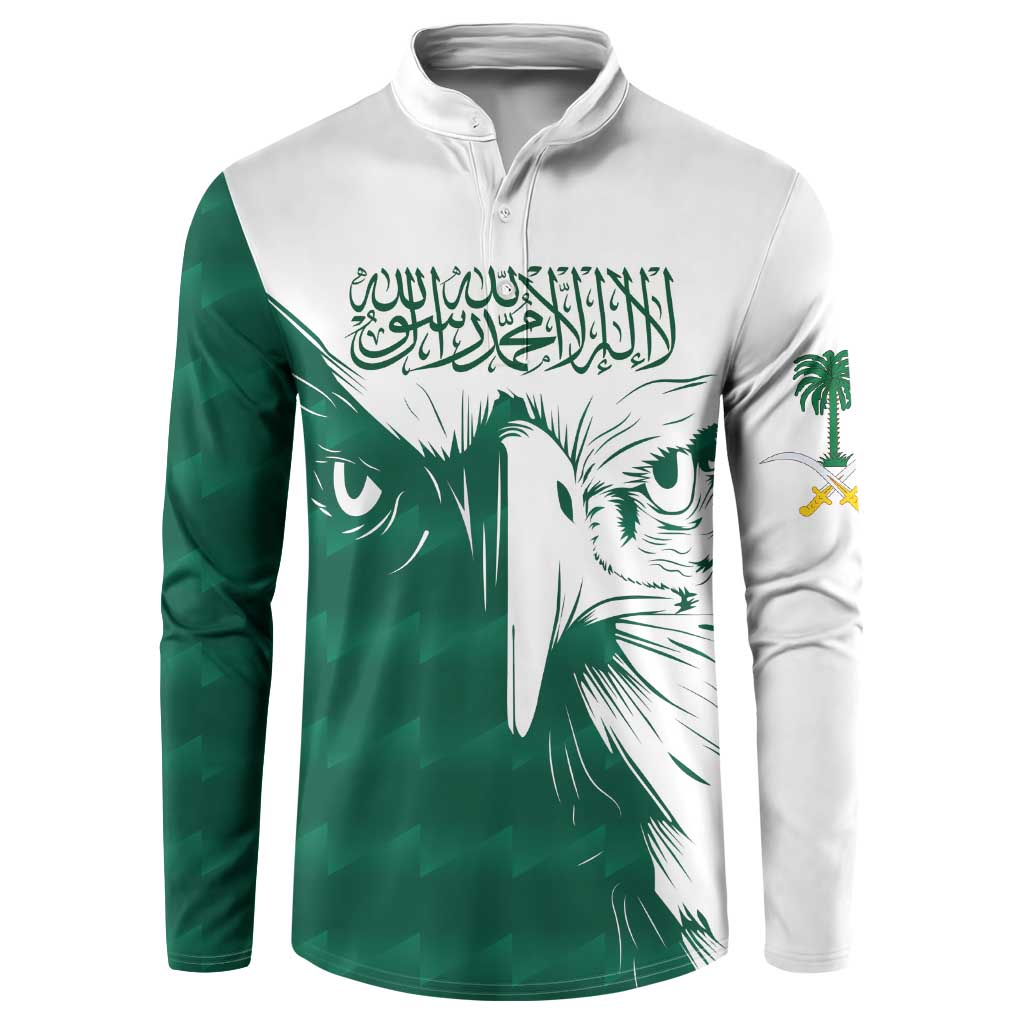 Green and white button henley sweatshirt with Saudi falcon graphic and Arabic script