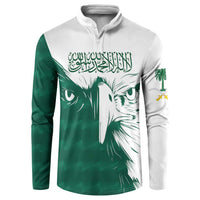 Green and white button henley sweatshirt with Saudi falcon graphic and Arabic script