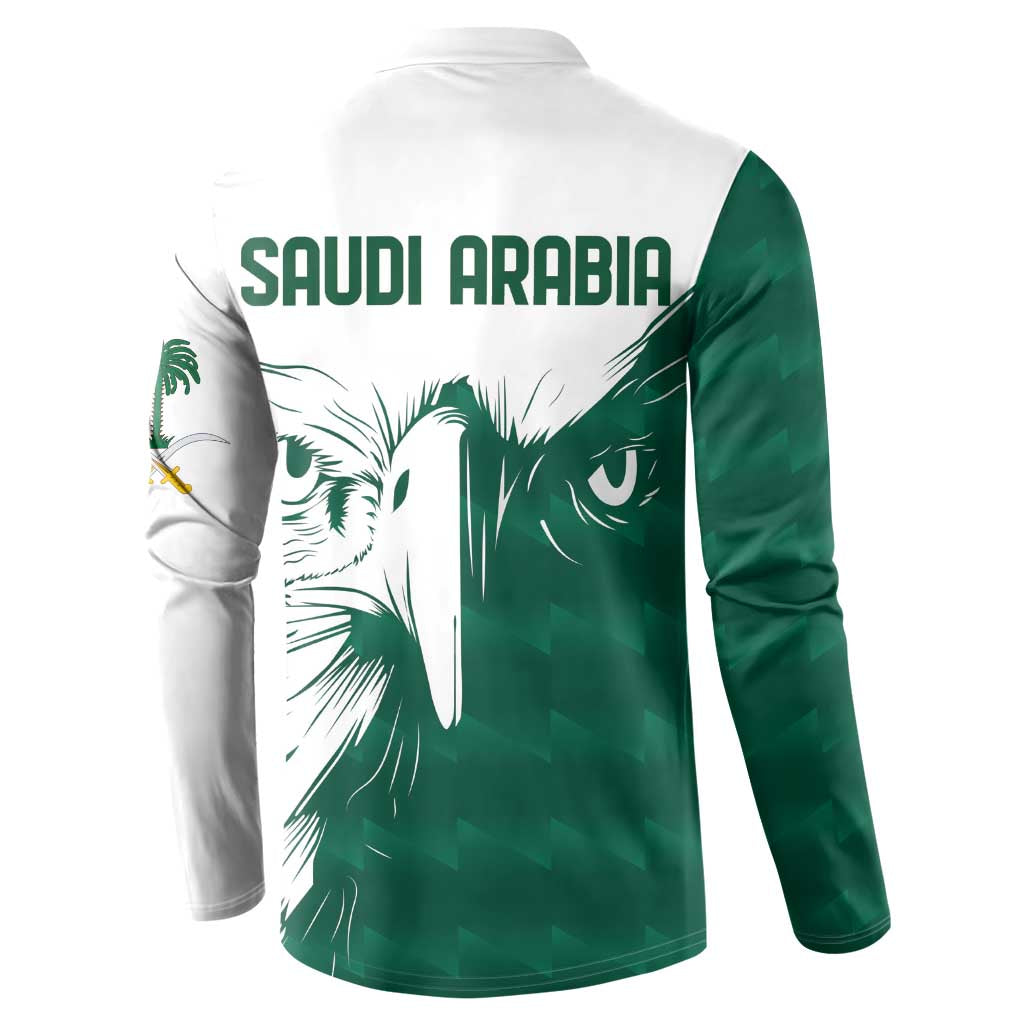 Green and white sweatshirt, back view, “SAUDI ARABIA” text with falcon graphic