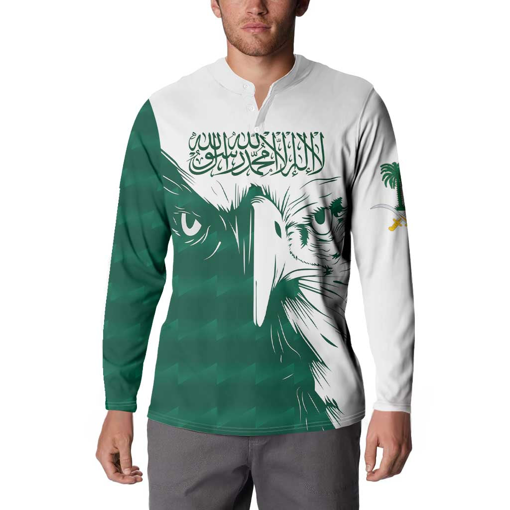 Green and white button henley sweatshirt with falcon face graphic and palm emblem